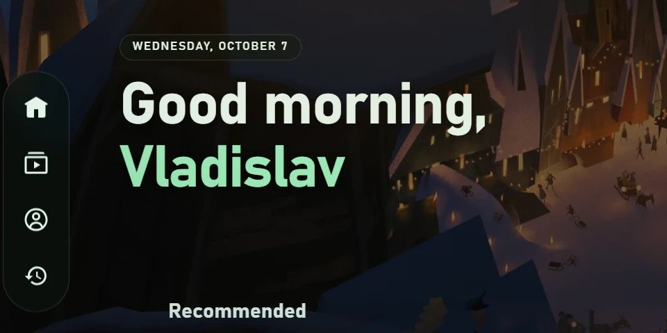 Close-up of the YouTube home page: the date, the words Good morning, Vladislav, and a floating rail of four icons.