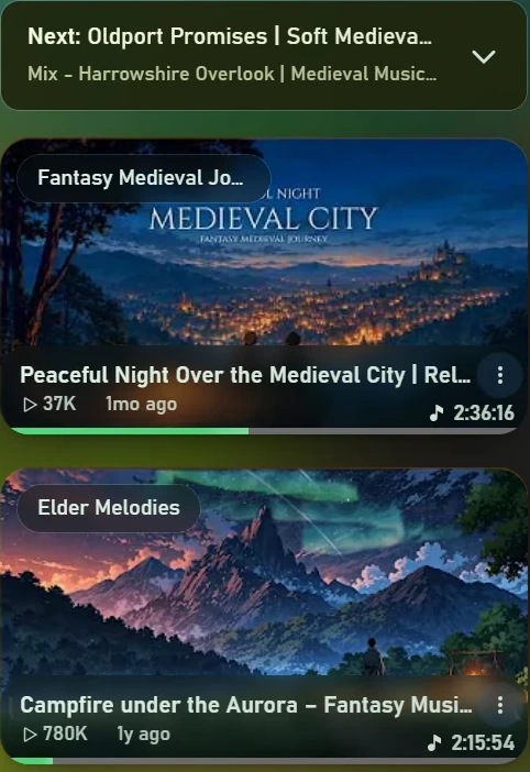 Close-up of the list of next videos as rounded cards with the title on the thumbnail.