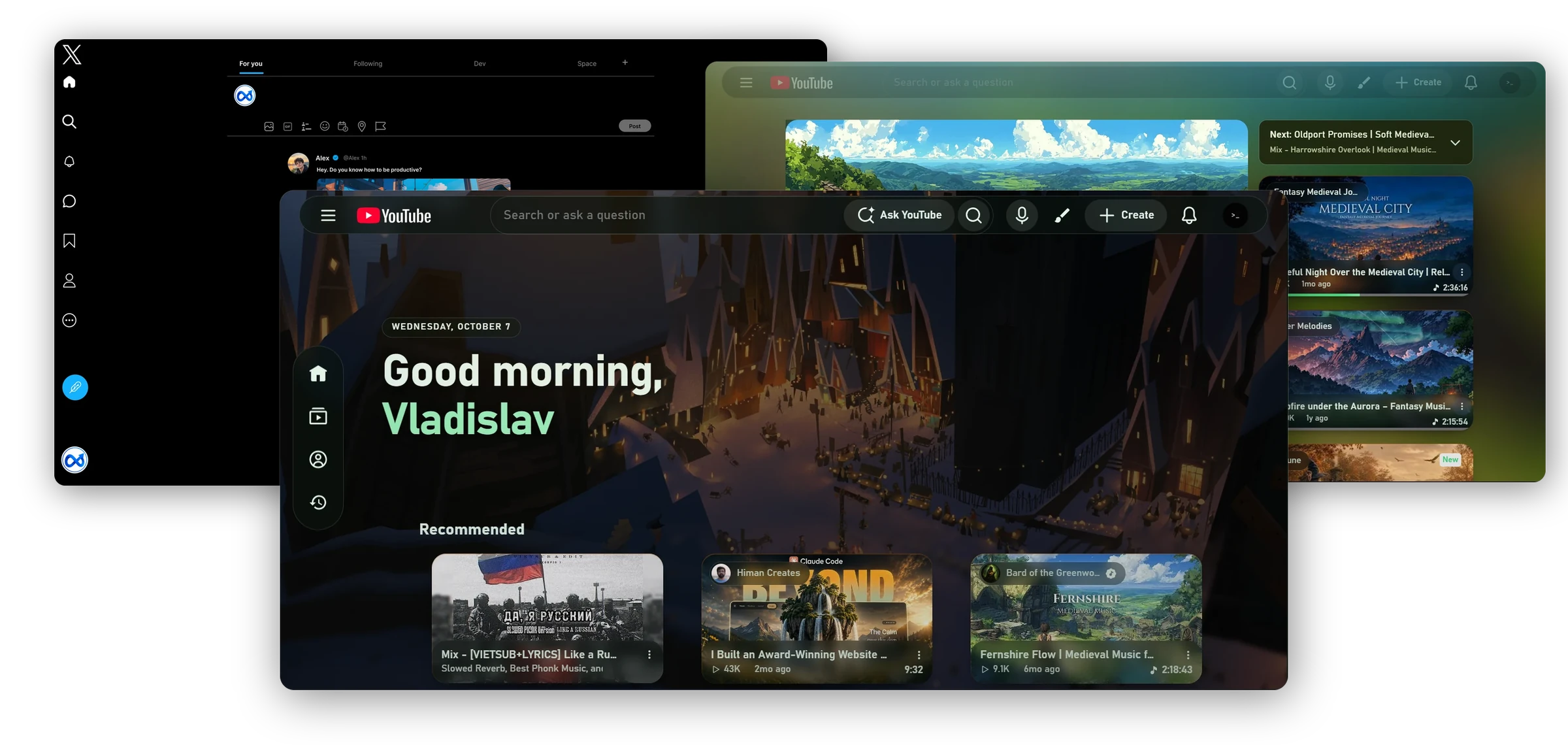 Three windows overlapping: the X timeline, a YouTube watch page and the YouTube home page, all restyled by Minimal Network.