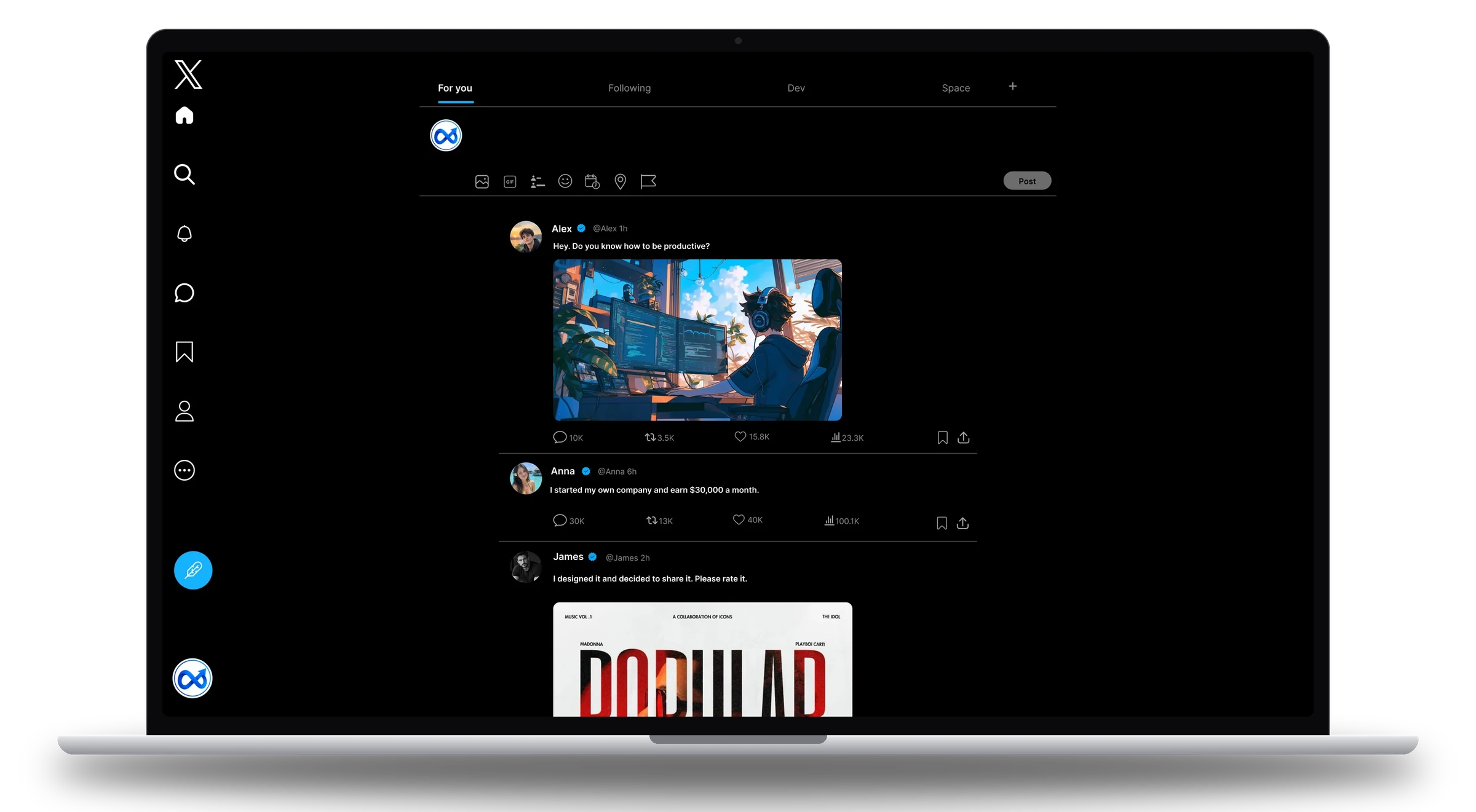 A laptop showing the X timeline with Minimal Network: an icon-only menu on the left, a centred feed of posts and no Trends column.